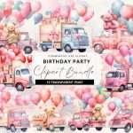 Pink balloons birthday truck clipart