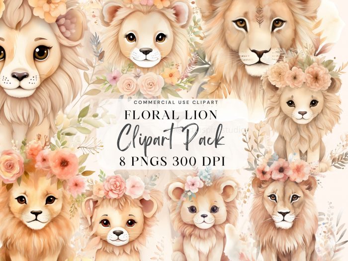 Boho Floral Baby Lion Clipart