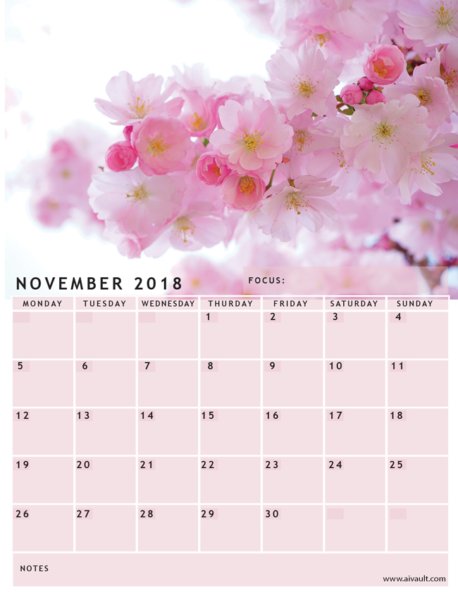 November2018 flower small November 2018 Calendar Printable