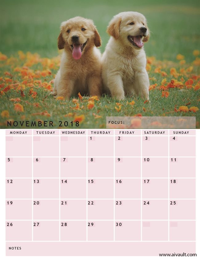 November2018 puppy small November 2018 Calendar Printable