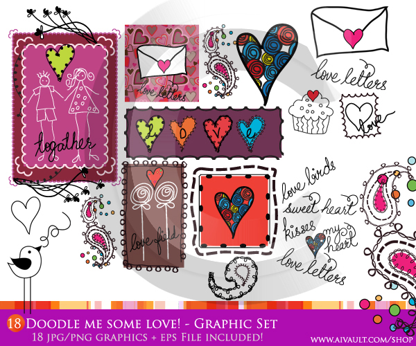 GP Doodle love 18 Valentines Day Clip Art and illustrations - Art for Licensing for Commercial Use