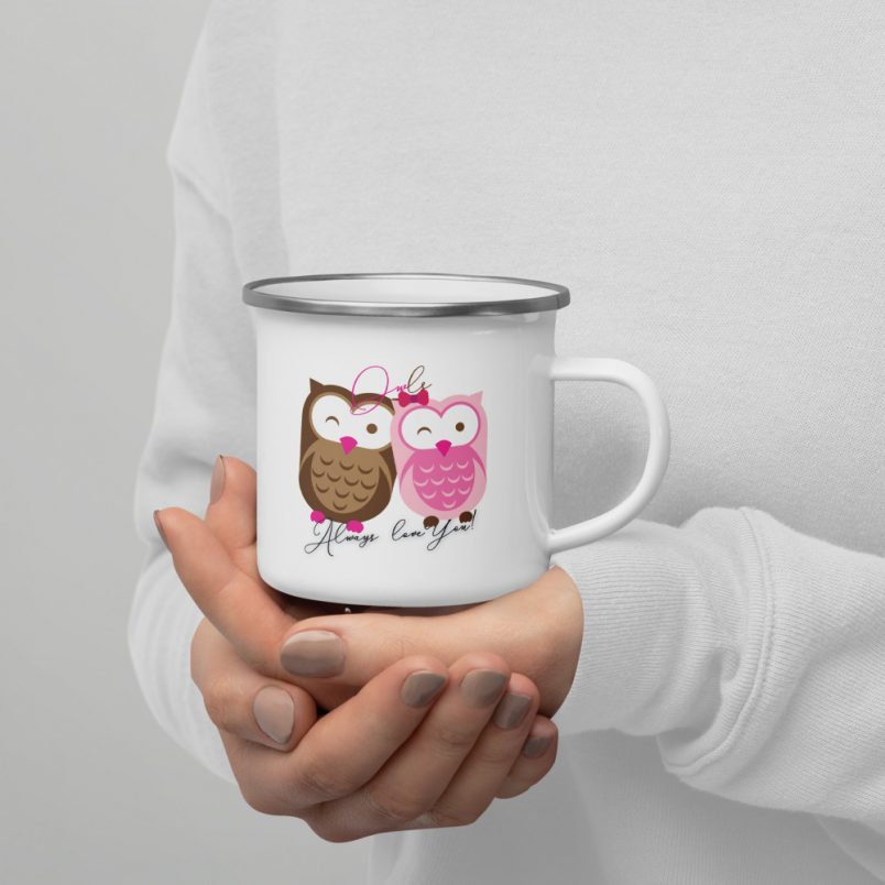 enamel mug white 12oz right 6278cdb40ca01 Owl I Will Always Love You Enamel Coffee Mug Loving Owls