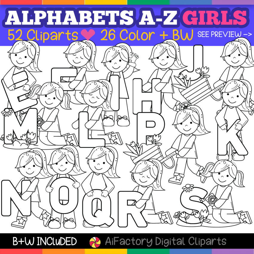 Girls Alphabetsb Alphabet Kids lowercase Letters Clip Art for teacher / school - Girls