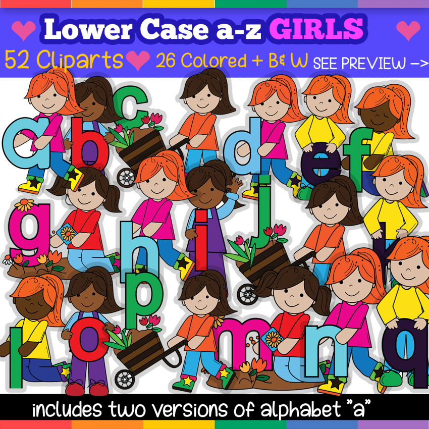 Lowercase Girls Alphabet Kids lowercase Letters Clip Art for teacher / school - Girls
