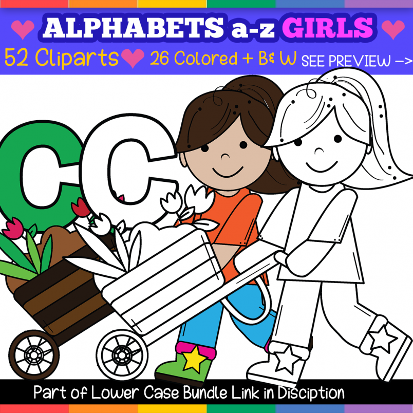 Lowercase Girls2 Alphabet Kids lowercase Letters Clip Art for teacher / school - Girls