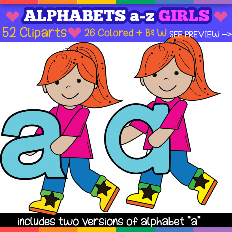 Lowercase Girls2b Alphabet Kids lowercase Letters Clip Art for teacher / school - Girls