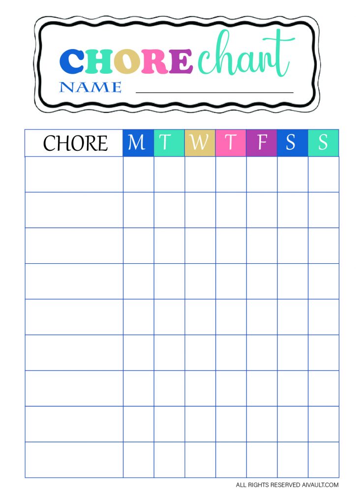 Chore Chart simple with colored days of the week 