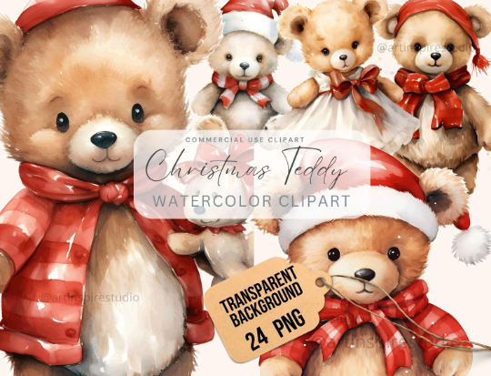 Christmas Teddy Bear Clipart Watercolor Commercial Use Clip Art