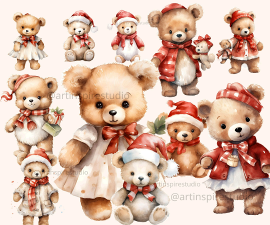 download 6 Christmas Teddy Bear Clipart Watercolor Commercial Use Clip Art