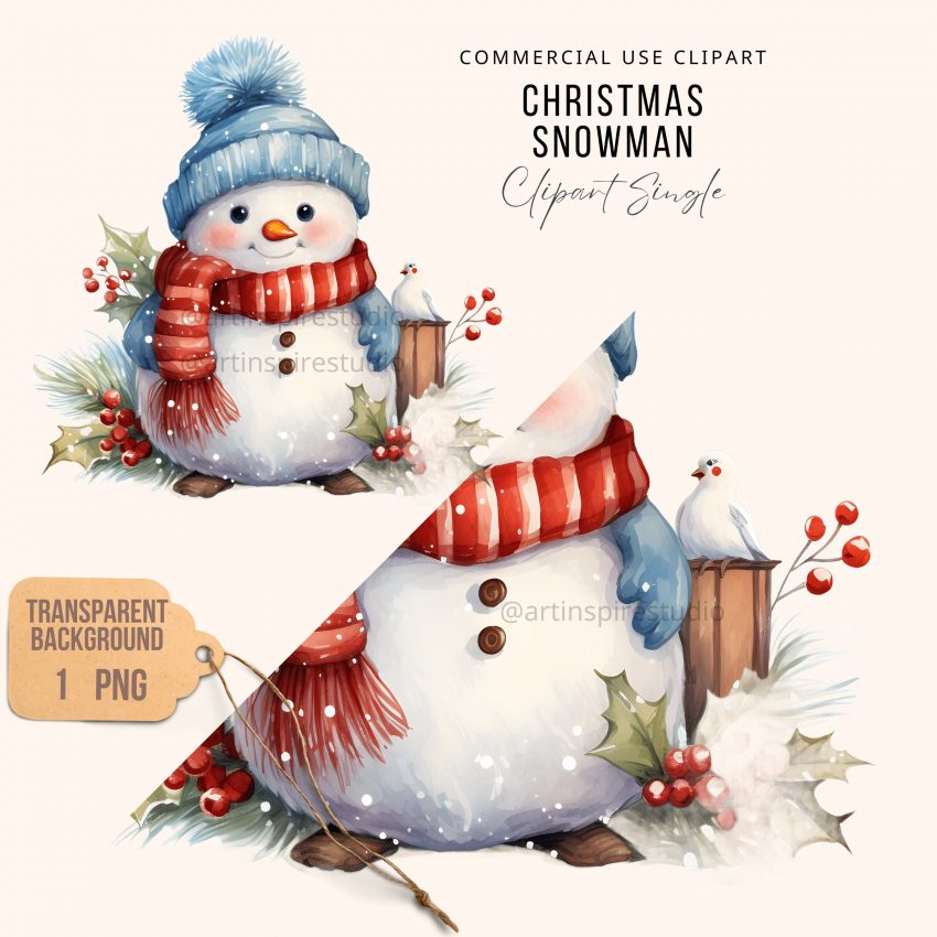 1801202465a9652b6e6c1 Watercolor Christmas Snowman Clipart