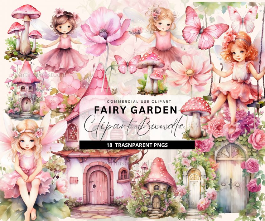 7 3 scaled Pink Fairy Garden Clipart