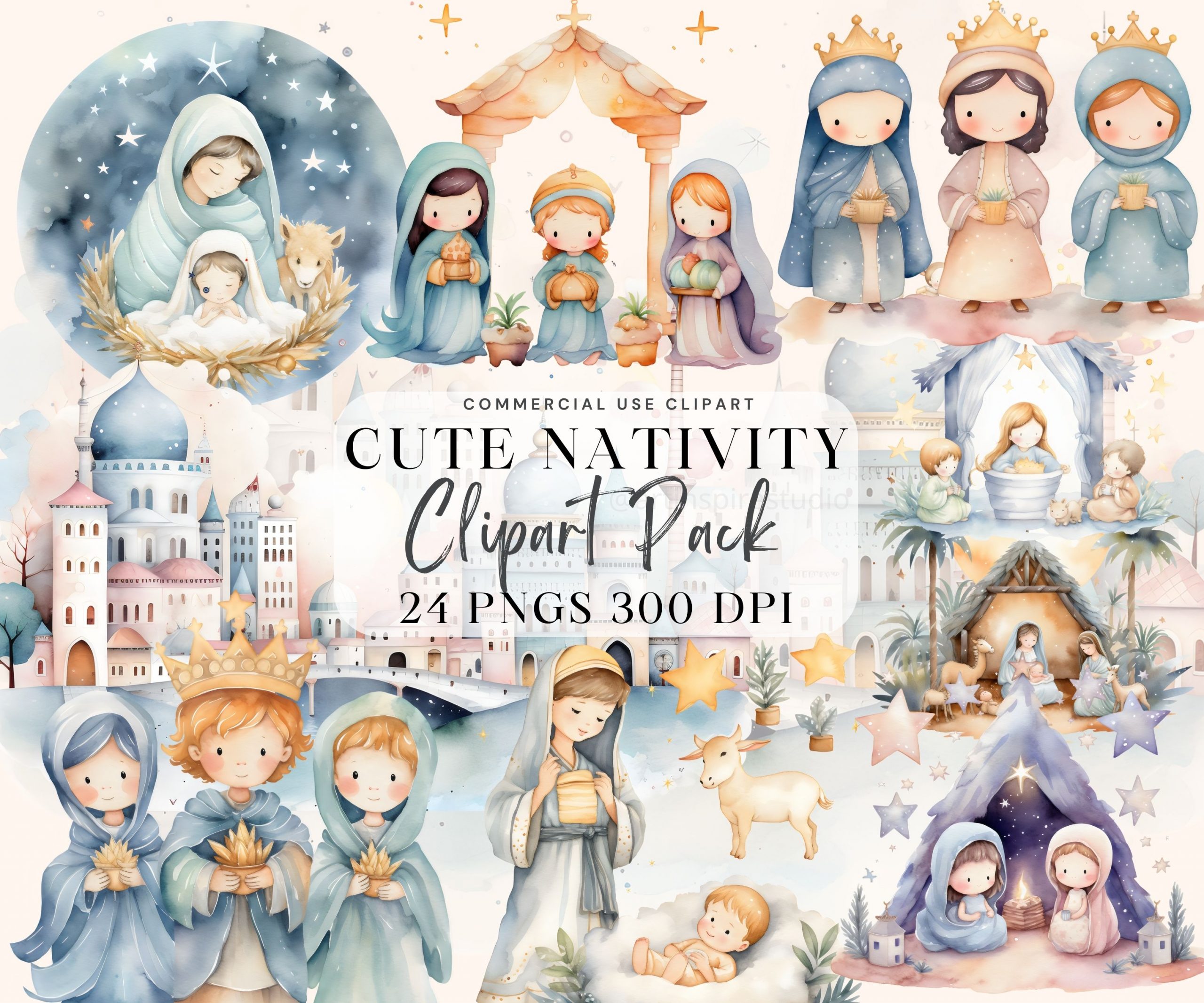 Christian Nativity Scene Watercolor Clipart