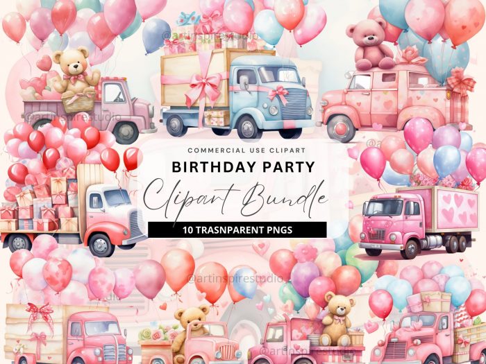 Pink balloons birthday truck clipart
