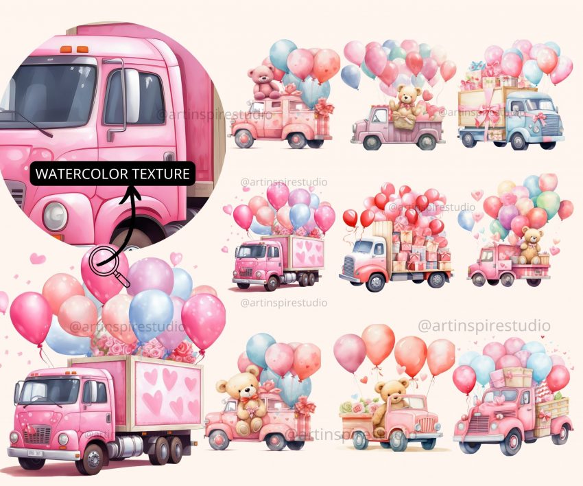 Copy of commercial use clipart 35 scaled Pink Truck Birthday Balloons Watercolor Clipart