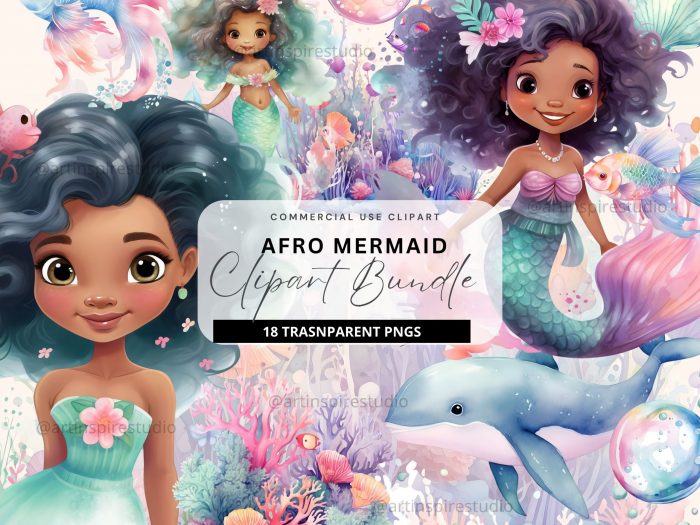 African American Afro Mermaid underthe sea clipart for commercial use cliparts