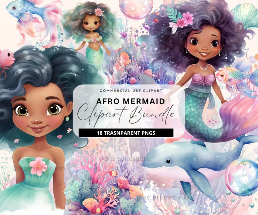 African American Afro Mermaid underthe sea clipart for commercial use cliparts