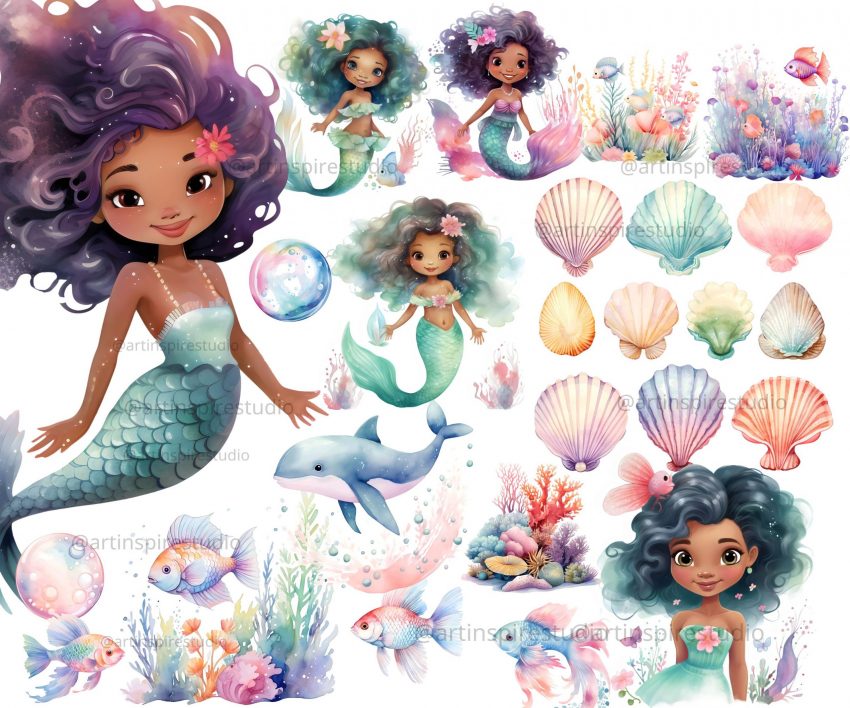 Copy of commercial use clipart 38 scaled Afro Mermaid Watercolor Clipart