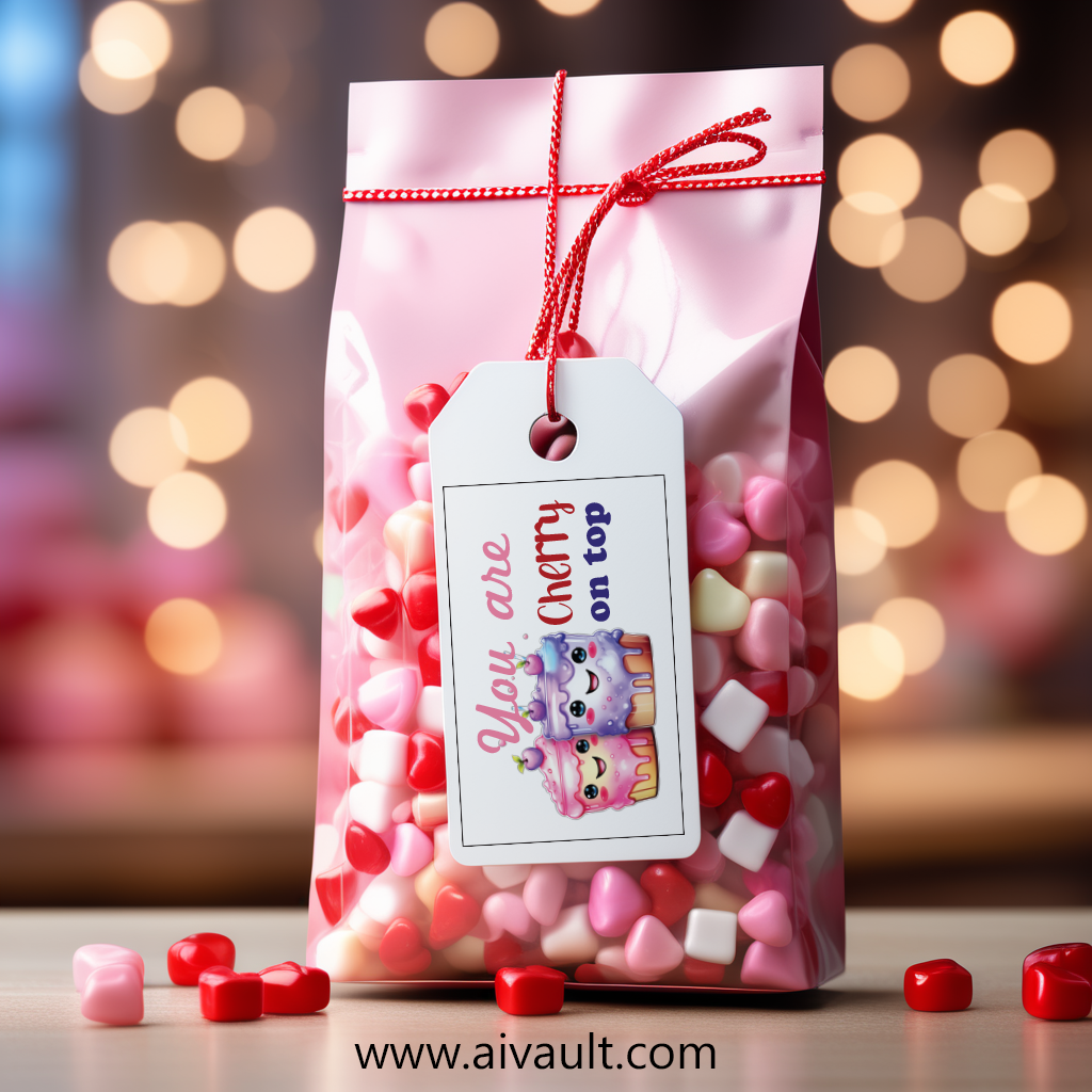 valentines day candy bag with a blank white hanging rectangular gift tag background is blurred r 265842670 Free Printable Valentine Cards for Kids