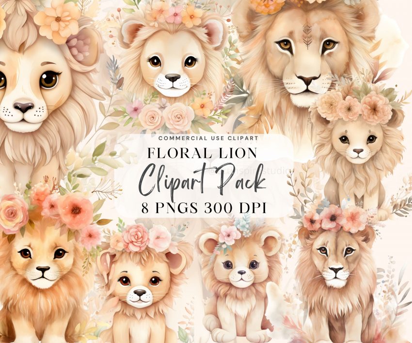 Boho Floral Baby Lion Clipart
