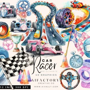 Race Car Watercolor Clipart